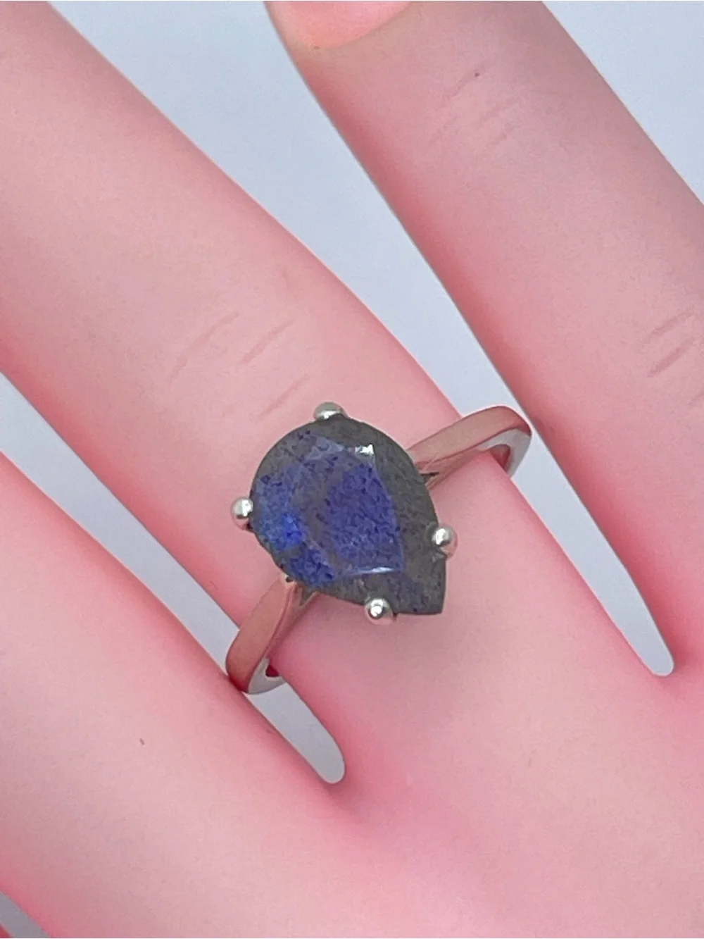 925 Sterling Silver Labradorite Tear Drop Ring Blue Flash Solitaire Sz 4.5